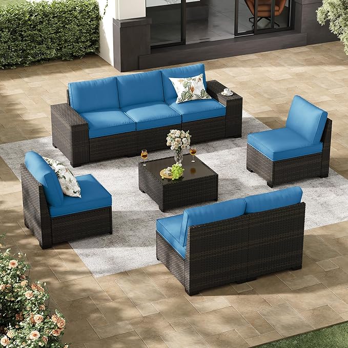 Jing's Villa 8-Piece Patio Furniture Set, All-Weather Outdoor Wicker Sectional Sofa with Cushions,Glass Table & Left and Right Armrest, Rattan Conversation Seating for Porch, Backyard,Peacock Blue JingsVillaOutdoorFurniture