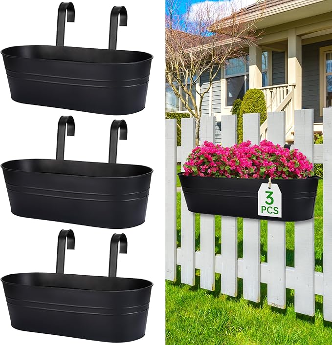 OGIMA Railing Planter Box, 3 Pack 16" Large Hanging Planters for Outdoor Plants with Adjustable Wide Hooks for 2.7'' Railings, Balcony Planters Railing Hanging for Deck, Fence & Patio Decor OGIMA