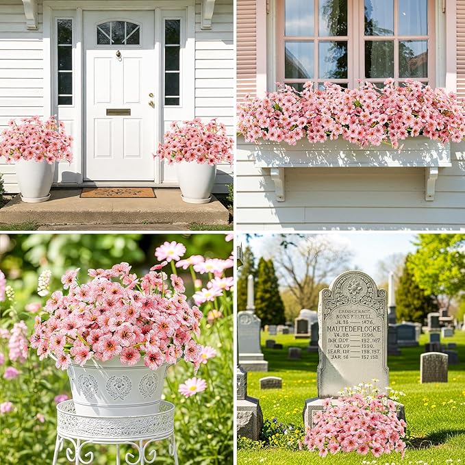 MACTING 24 Bundles Artificial Flowers for Outdoors Fake Flowers UV Resistant Faux Plastic Plants No Fade for Planters Window Box Patio Porch Garden Home Indoor Outdoor Spring Decorations,Pink MACTING