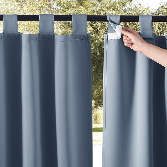 NICETOWN 2 Panels Self Stick Tab Top Outdoor Curtainss for Patio Waterproof, Indoor Outdoor Blinds Room Darkening Window Treatments Rain & Sun Blocking Drapes for Pool, W52 x L84, Stone Blue NICETOWN