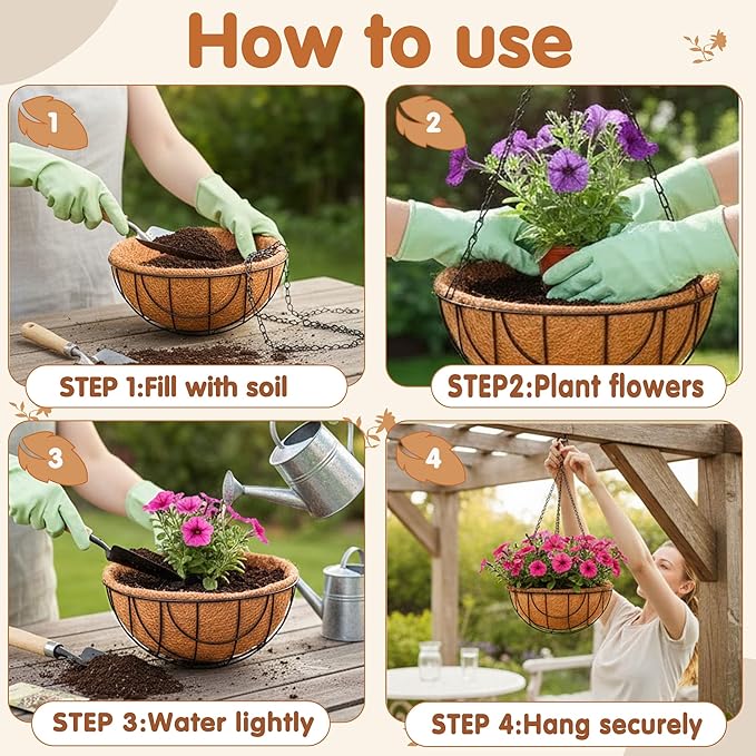 14 inch Metal Hanging Baskets For Plants Outdoor 4 Pack Round Metal Wire Hanging Basket Planter with Coco Fiber Liners Plant Holder for Garden, Patio, Deck, Porch Plants Flower Potss Outdoor(Grid) JFFLYIT