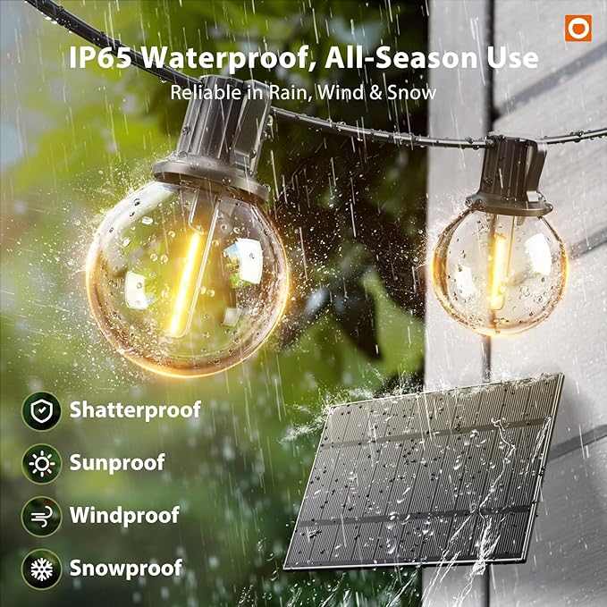 addlon 100FT Solar String Lights Outdoor with Remote, 54 LED Shatterproof Bulbs, Dimmable & Timable, 3 Light Modes, G40 Waterproof Solar String Lights for Outside Backyard Party Decor addlon
