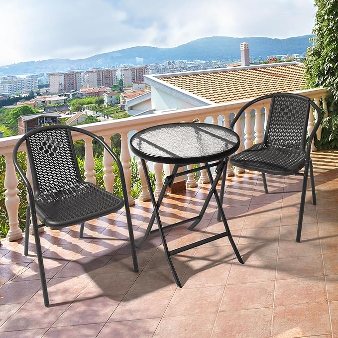 VINGLI PE Rattan Outdoor Dining Chairs Set of 2, Plastic Stackable Patio Chairs for Indoor, Porch, Restaurant, Garden, Black VINGLI