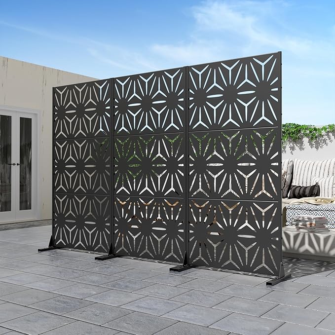 Casaphoria Metal Privacy Screen Outdoor, 72" H x 35" W Freestanding Decorative Privacy Screen for Patio Deck Balcony Garden with Stable Base, Black-Star Casaphoria