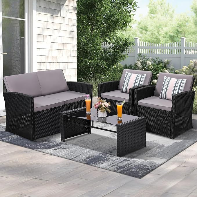4-Piece Patio Furniture Set, Wicker Outdoor Rattan Sectional Sofa with Cushions and Glass Table, All-Weather Outdoor Conversation Set, Ideal for Garden, Porch, Backyard, Grey KROFEM