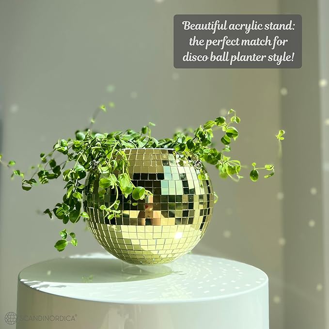 SCANDINORDICA Disco Ball Planter – Disco Ball Plant Hanger, Mirror Disco Planter with Chain, Macrame Hanger, Acrylic Stand and Insert Pot, Hanging Planter | Disco Ball Decor – 20 cm (8“) Gold SCANDINORDICA
