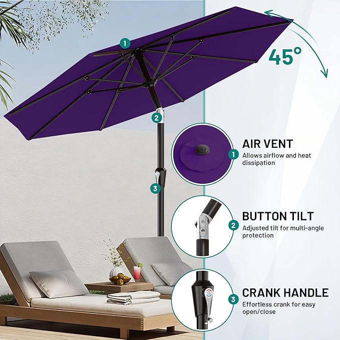 AreShark 9 FT Patio Umbrella for Outdoor, Outdoor Table Umbrella with Push Button Tilt and Crank, Outdoor Patio Umbrellas with 8 Sturdy Ribs for Market, Garden, Pool (Dark Purple) Rootora