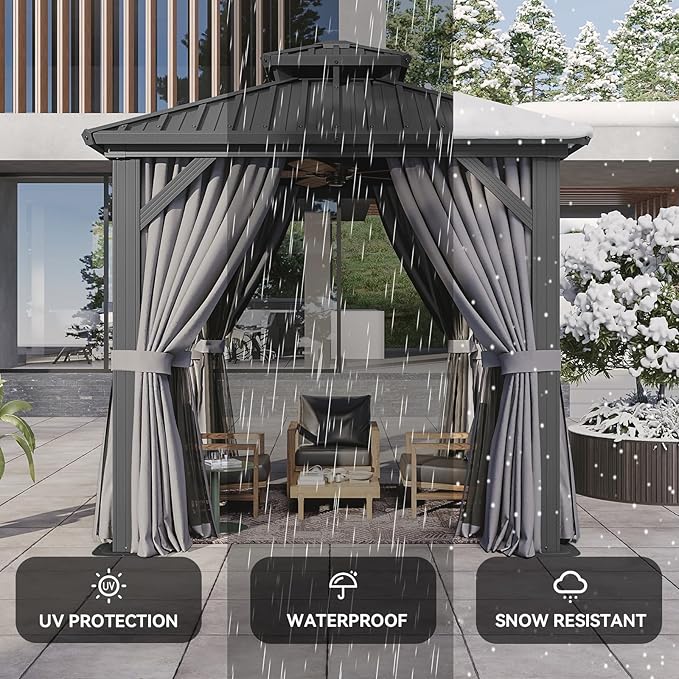 Aoxun 8'x8' Hardtop Gazebo, Aluminum Frame Canopy with Double Galvanized Steel Roof, Outdoor Metal Pavilion with Netting, Curtains for Backyard, Patio and Deck Aoxun