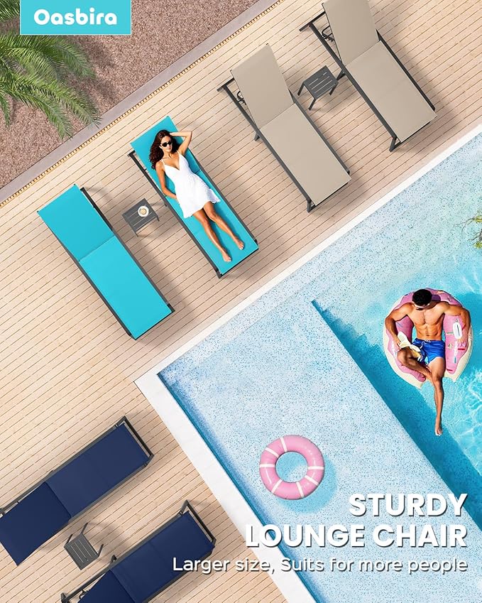 Aluminum Chaise Lounge Outdoor Set of 2, Foldable & Assembly Free Patio Pool Lounge Chairs 5-Position Recliner for Outside Poolside, Fully Grounded Legs Sun Lounger for Beach, Yard, Black Oasbira