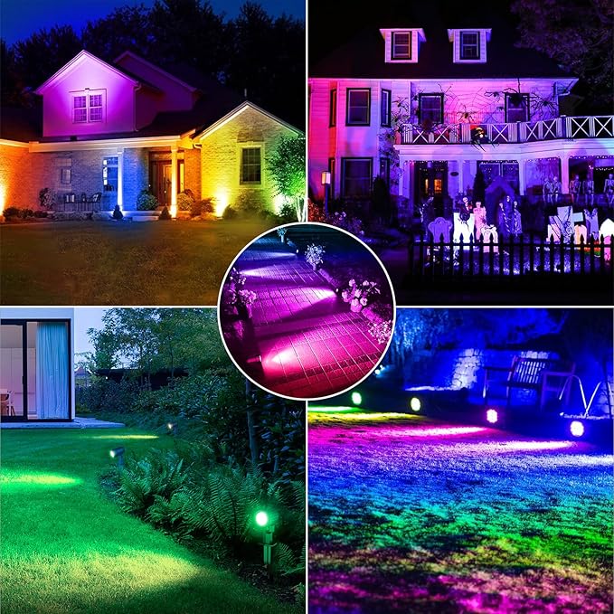 CLY Solar 6 in 1 RGB Spotlights Outdoor Garden, 10 Colors 12 Modes Solar Garden Floodlight Landscape Spotlights IP66 Waterproof 59.06ft Cable Spike Light for Lawn, Patio, Balcony CLY
