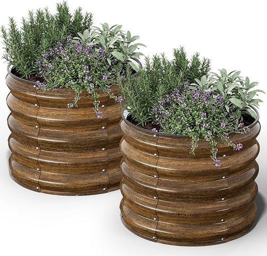 Kesfitt Round Metal Raised Garden Bed, 2x2x1.5 FT, 18-Inch Deep Galvanized Steel Garden Bed with Open Bottom for Outdoor Vegetables & Herbs, Walnut Finish, 2 Pack Kesfitt