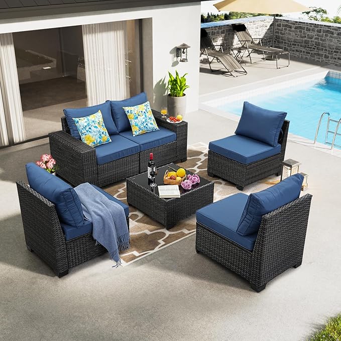 6 Pieces Patio Furniture Set All-Weather Outdoor Wicker Sectional Conversation Sofa Rattan Patio Seating Sofa with Cushion and Glass Table for Porch Poolside,Navy JOYURE