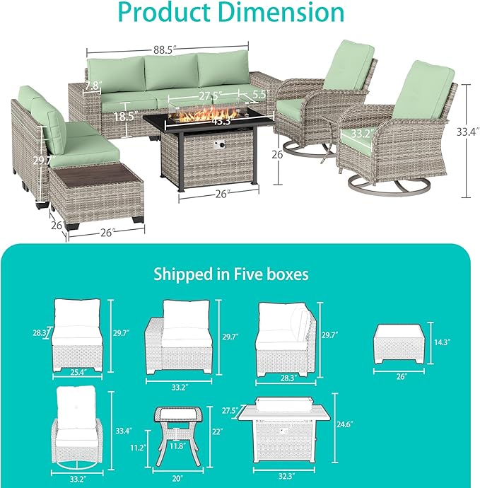 10-Piece Outdoor Patio Furniture Set with Rocking Swivel Chair, PE Wicker Rattan Sectional Sofa Patio Conversation Set with 55,000 BTU Fire Pit Table & Coffee Table, Light Green MuphyersPatioFurniture