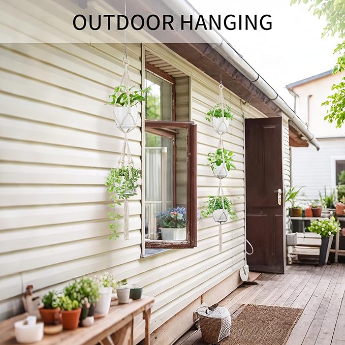 Macrame Plant Hanger - Fits 4 to 8 inches Pots for Indoor Outdoor, 49"/72" 2 Sizes Set, Ivory (POTS NOT Included) IDEEEPAN