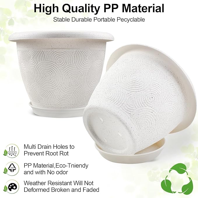 Plastic Flower Pots Planters For Indoor Plants, 4 Pack 14 Inch White Plant Pots With Drainage Hole & Tray, Modern Decorative Large Plant Pot With Saucer For Indoor Outdoor Plants Garden House Planter Fodetyff