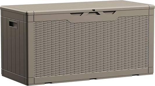 Devoko 100 Gallon Waterproof Large Resin Deck Box Indoor Outdoor Lockable Storage Container for Patio Furniture Cushions Garden Tools (100 Gallon, Light Brown) DEVOKO