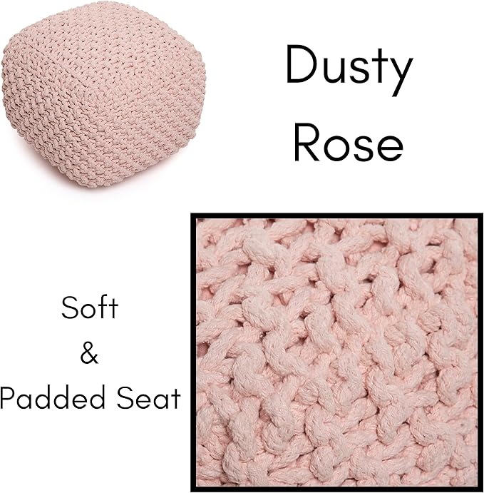 BIRDROCK HOME Square Pouf Ottoman | Cotton Braided Foot Stool with Bean Bag Filling | Boho Foot Rest for Living Room, Bedroom | Compact & Comfortable Seating, Lightweight & Sturdy | Dusty Rose BIRDROCKHOME