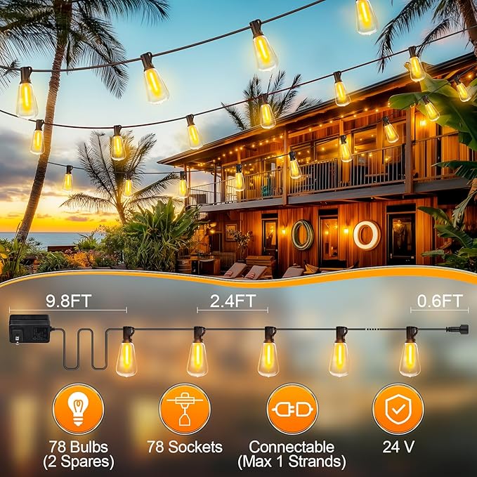 Outdoor String Led Patio Lights - 200Ft 60M Outside Waterproof Light ST38 Shatterproof Bulb Connectable Hanging Outdoor Electric Lighting for Backyard Yard Gazebo Porch Party MGVIH