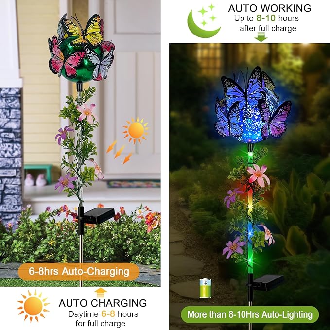 Solar Lights Outdoor Pathway,2 Pack Butterfly with Ball Garden Stakes,Colorful Twinkle Fairy Lights Decorations Outdoor for Yard,Lawn,Spring HokfirmHomeDecorGarden