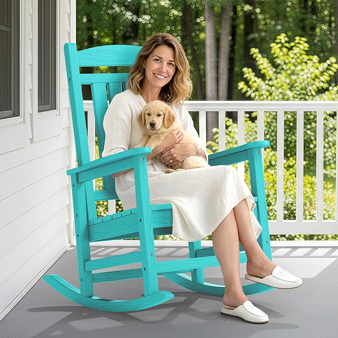 SERWALL Oversized Outdoor Rocking Chair, All-Weather Patio Rocking Chair, HDPE Porch Rocker for Adults, Aruba Blue SERWALL