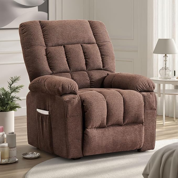 Sweetcrispy Power Lift Recliner Chair with Vibration Massage and Heat for Adults, Ergonomic Overstuffed Breathable Fabric Reclining Chair with Side Pockets, Remote Control, Living Room, Bedroom, Brown Sweetcrispy