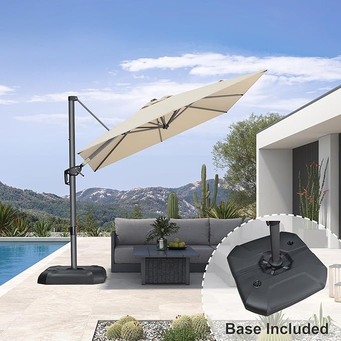 PURPLE LEAF 8 Feet Square Cantilever Umbrella Patio Umbrella with Base Outdoor Umbrella Aluminum with 360-degree Rotation for Garden Deck Pool Patio Beige PURPLELEAF