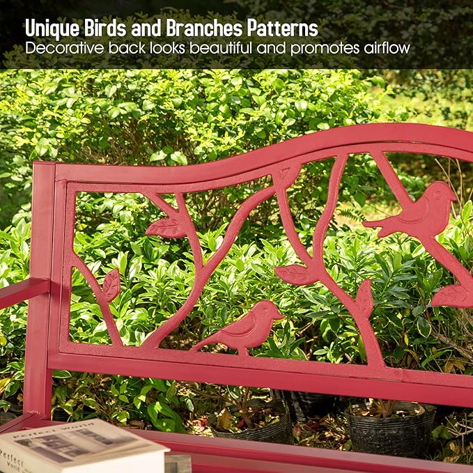 Sophia & William Outdoor Patio Metal Park Bench Red, Steel Frame Bench with Backrest and Armrests for Porch, Patio, Garden, Lawn, Balcony, Backyard and Indoor, 50.4”Wx23.5”D x35.0”H SophiaWilliam