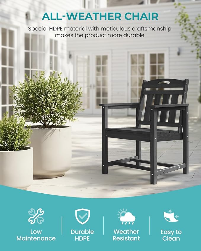 Outdoor Patio Dining Chair - All-Weather Fade-Resistant HDPE, Low Maintenance - for Garden, Backyard, Deck - New Black Suunyn