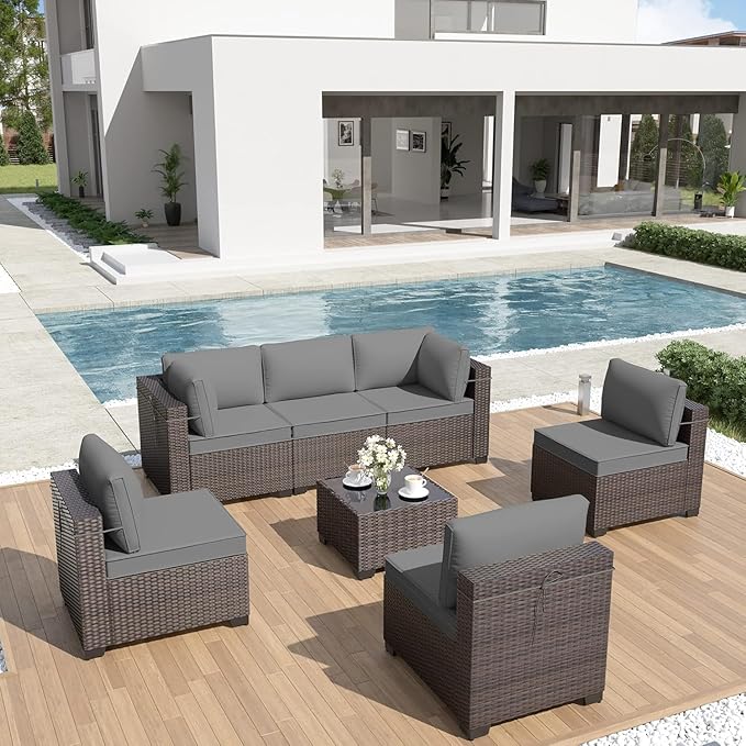 ALAULM Patio Furniture Set with Coffee Table, 7 Pieces Outdoor Sectional with Wide Seat and Thick Cushion, All Weather Wicker Rattan Conversation Set for Backyard, Garden, Deck, Grey ALAULM