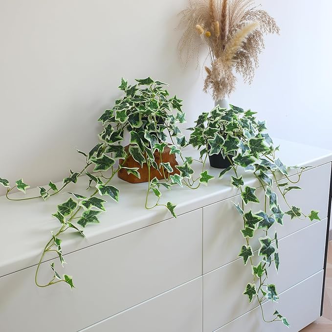 Fake English Ivy Plants in Pots Set of 2 – Realistic Artificial Ivy Greenery for Home Decor, Tabletop, Office, Shelf, Balcony, Lifelike Faux Hanging Vines, No Maintenance Required - White and Green ALYPTUS