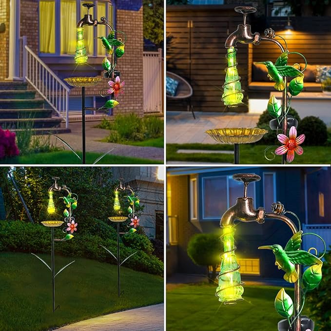 Bshine Solar Garden Decoration Outdoor Light - Waterdrop Metal Hummingbird Solar Stake,Waterproof Garden Decor Path,Lawn and Yard Art Gift for Mom, Green Bshine
