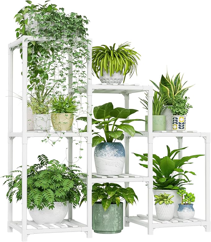 Bamworld Indoor Plant Stand Outdoor White Shelf Bamboo Plant Table for Multiple Plants 3 Tiers 7 Pots Ladder Holder Pot Window Garden Balcony Living Room Bamworld