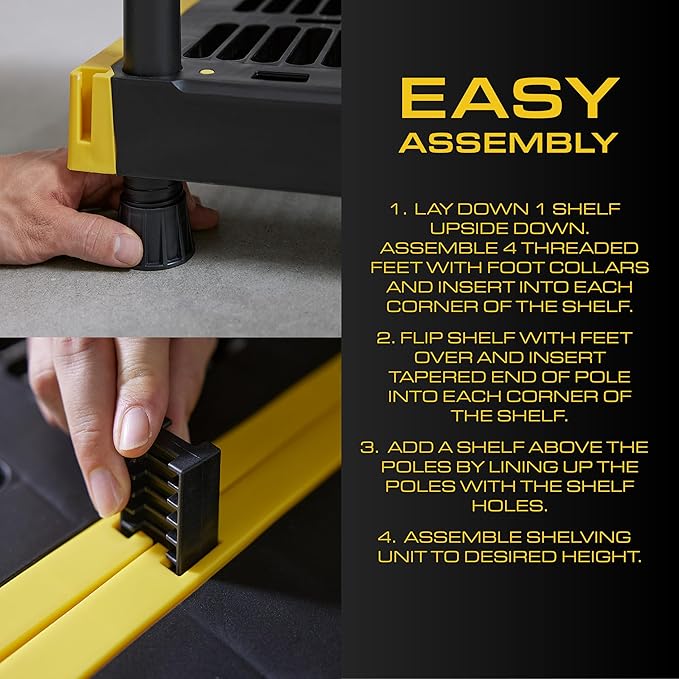 BLACK & YELLOW 4-Tier Heavy Duty Plastic Storage Shelves that Support up to 100lbs/shelf, Organization and Storage, Weather-Resistant Design, Easy Assembly, Made in The USA (55H x 24W x 20D) BLACK+%26+YELLOW