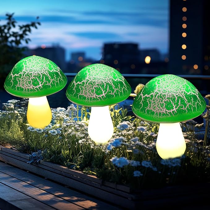 Solar Mushroom Lights Garden Decor 8 Green Crack Mushrooms Outdoor Decor Stake Lights Waterproof Solar Pathway Light Gardening Gifts for St Patrick's Day Easter Gnomes Yard Halloween Xmas Decorations Viewpick