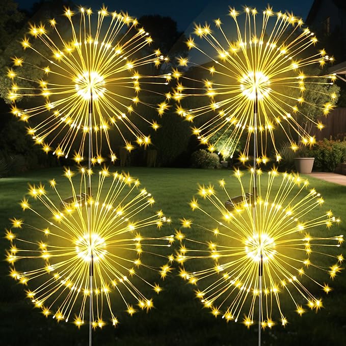 JJGoo Solar Firework Lights, 4 Pack 120 LEDs 2 Lighting Modes Solar Garden Lights Outdoor Waterproof for Yard Patio Walkway Pathway Party Wedding Christmas Decorative - Warm White JJGoo