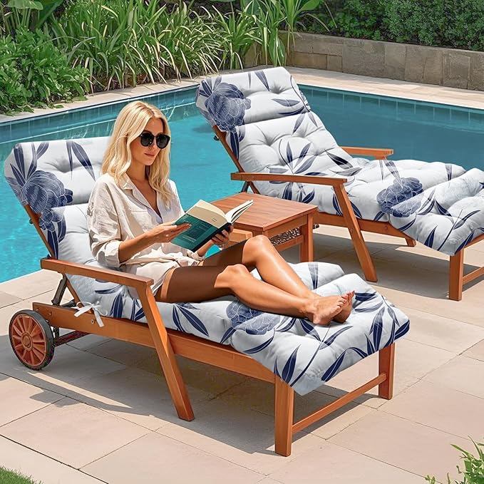 Outdoor Chaise Lounge Chair Cushion 75.1 x 22.8 x 4.7 Inches 100% Waterproof Replacement Cotton Patio Pool Lounge Chair Cushion for Outdoor Furniture with Ties, Blue Enchantress Uthem