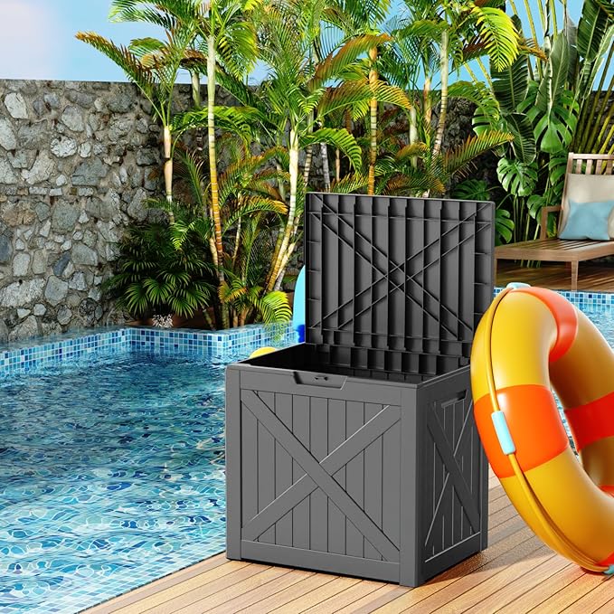 38 Gallon Outdoor Deck Box, Lockable Waterproof Outdoor Storage Boxes For Garden Tools,Indoor Cushions,Accessories Outside Storage Resin Weatherproof Container(Black) MAIUSCOLI