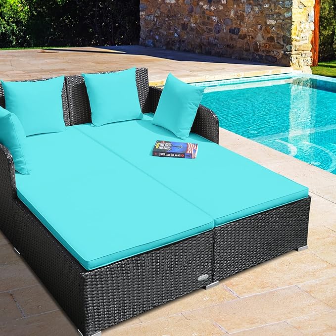 RELAX4LIFE Rattan Patio Outdoor Daybed, Wicker 2-Person Sunbed Loveseat with Soft Cushions, 4 Pillows, Curved Backrest & Armrest, Double Bed Lounger Sofa Set for Balcony Porch, Patio Bed (Turquoise) RELAX4LIFE