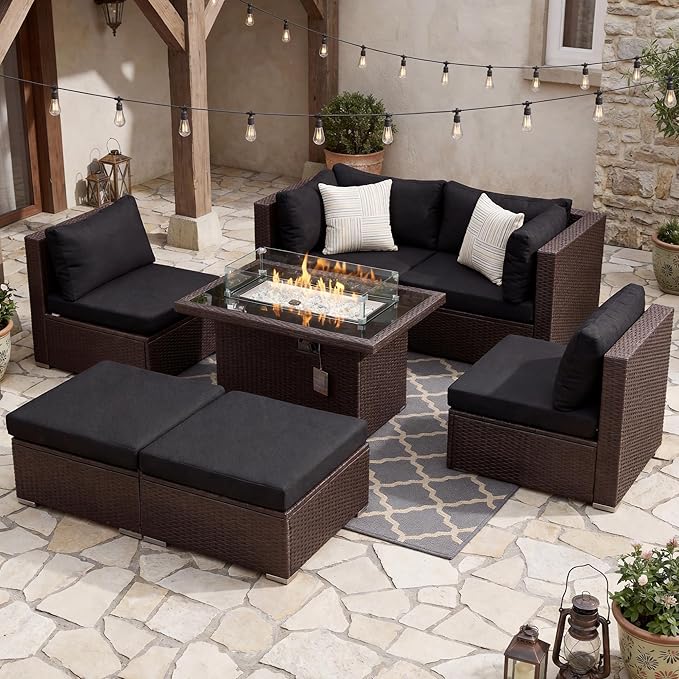 NICESOUL 29.3'' High Back Patio Set with Firepit Propane & Natural Gas, 7 Piece Oversized Large Wicker Outdoor Sectional Couche Sets, Heavy Duty Backyard Furniture, Brown Rattan and Black Cushion NICESOUL