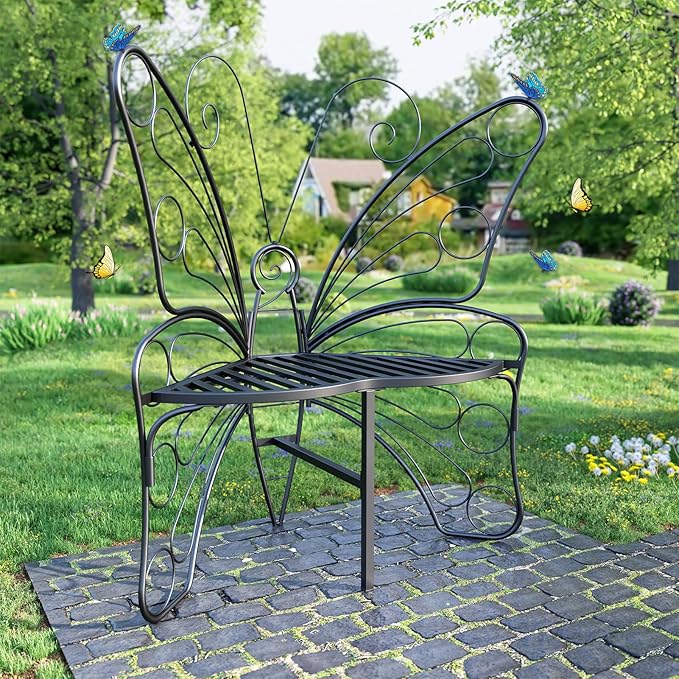 Butterfly Shaped Outdoor Bench, Black Garden Bench for Outdoor with Sturdy Stable Metal Frame, Butterfly Chair Butterfly Bench Outdoor for Garden, Yard, Balcony, Lawn (Black) HAVENLYYOUTH