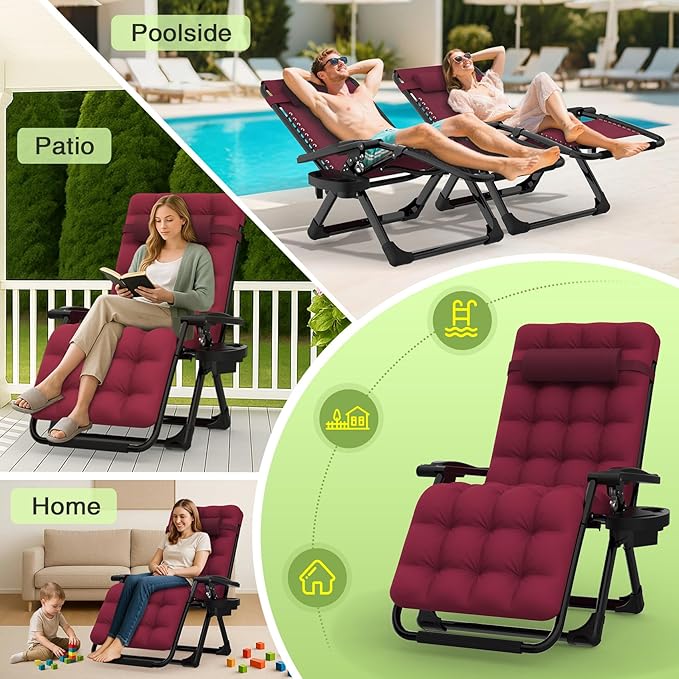 Suteck Zero Gravity Chair, Reclining Camping Lounge Chair w/Removable Cushion, Upgraded Lock and Cup Holder, Reclining Patio Chairs Folding Recliner for Indoor and Outdoor, Claret Suteck