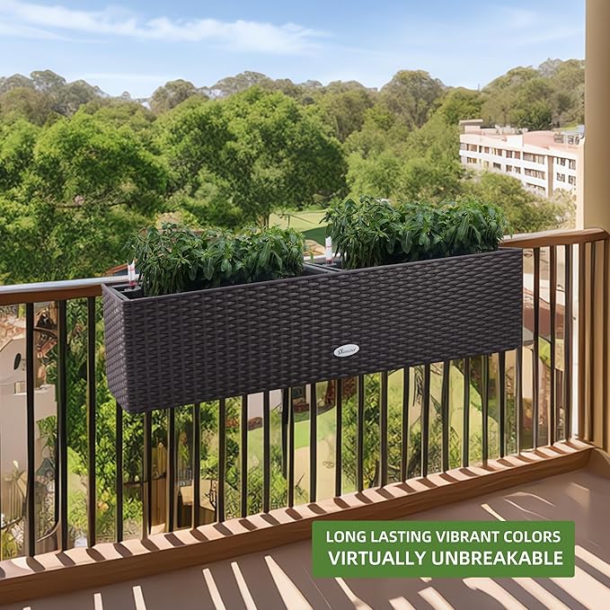 Dexceder 31.5 Inch Rattan Self Watering Planter Indoor Outdoor, Thickened Large Rail Flower Plant Pot Window Box with Water Level Indicators (Brown) Dexceder