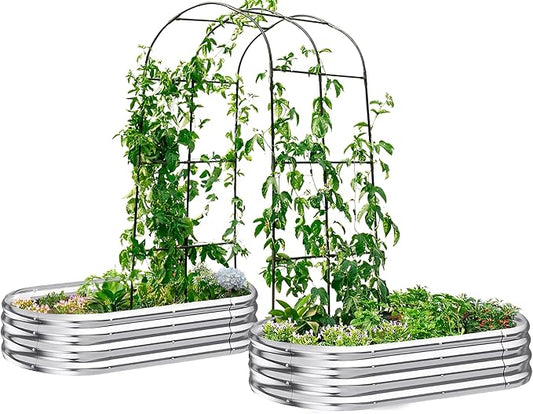 KING BIRD Raised Garden Bed with Arched Trellis Galvanized Planter Garden Box Outdoor for Gardening, Climbing Vegetables, Flowers 5.9x2.95x0.98 Ft 2PCS, Silver KINGBIRD