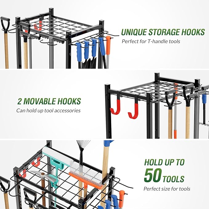 Garden Tool Organizer Rack Up to 50 Tools, Heavy-Duty Steel Yard Tool Organizer for Garage Storage with 11 Hooks, Broom Holder & Garden Tool Rack for Shed, Patio, Outdoor Use, Black Sttoraboks