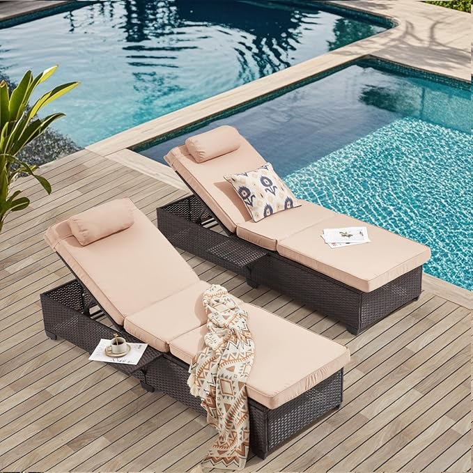 Outdoor Lounge Chairs, Pool Lounge Chairs Set of 2, Outdoor Chaise Lounge with Adjustable Backrest & Cup Holder,Khaki Cushiom YALISSEY