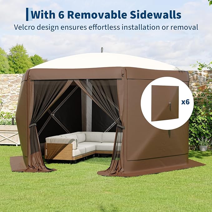 11.5x11.5FT 6-Sided Pop Up Gazebo Tent，One-Push Setup Canopy Tent with Mesh Panels & Removable Wind Cloths, Outdoor shelter for Camping, Backyard Parties, Outdoor Events - Beige & Khaki GarveeLife