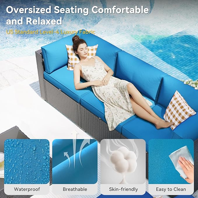 Aoxun Patio Furniture Set, 7 Piece Outdoor Sectional Sofas with Waterproof Cover, Wicker Rattan Outdoor Furniture Patio Conversation Set for Backyard, Garden Peacock Blue Aoxun