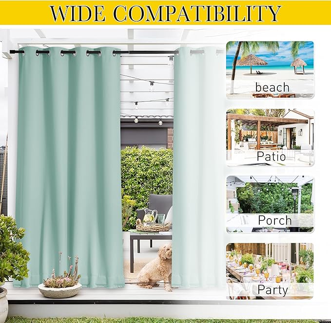 NICETOWN 2 Panels Waterproof Outdoor Curtains Fixed Grommet & Back Tab on Top & Bottom, Thermal Insulated Keep Rain & Sun Out Privacy Windproof Outdoor Draperies with Rope, W52 x L72, Aqua Blue NICETOWN