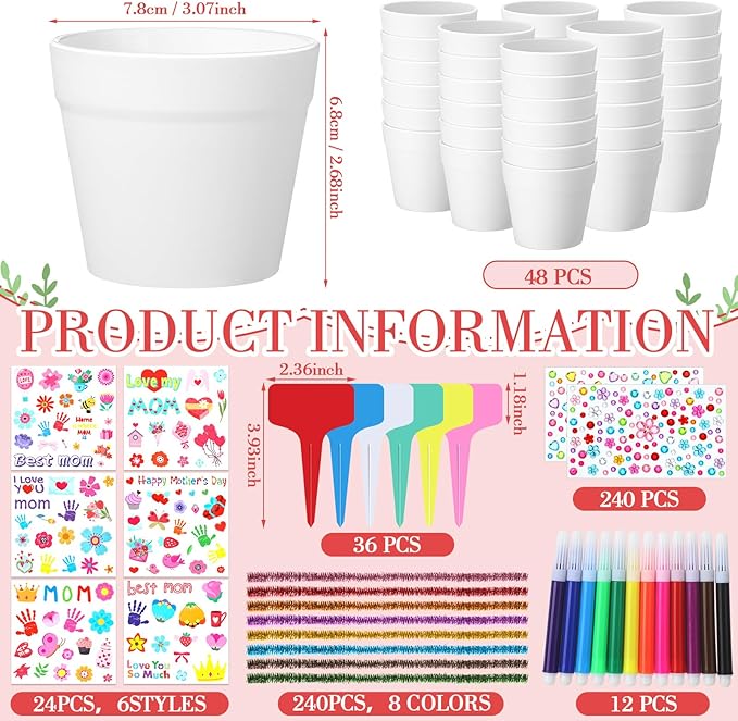 Funnymoom 48 Set Paintable Flower Pot Craft Kit DIY Spring Pots Craft for Mom with Watercolor, Pen Stickers, Plant Labels Garden Growing Kits for Spring Mother's Day Fun Activity Funnymoom