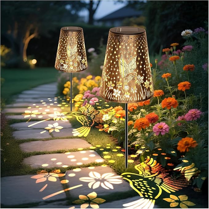 Solar Pathway Lights Outdoor, LED Bright Metal Retro Waterproof, Outside Decorative Hummingbird Lanterns Solar Powered for Path Lawn Patio Yard Walkway (Hummingbird 2P) MMHFSolarLightsOutdoor